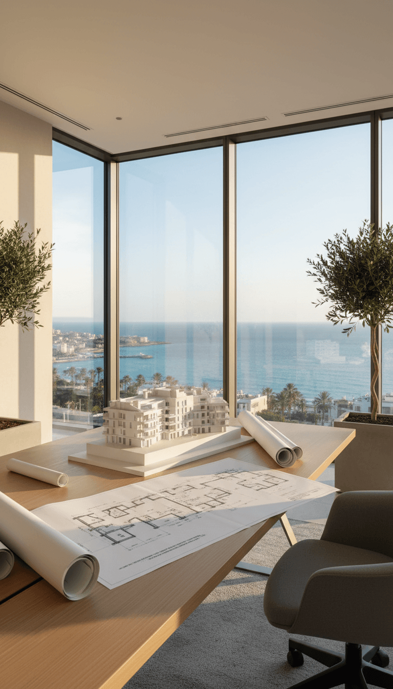 Modern office interior with development plans and Mediterranean views