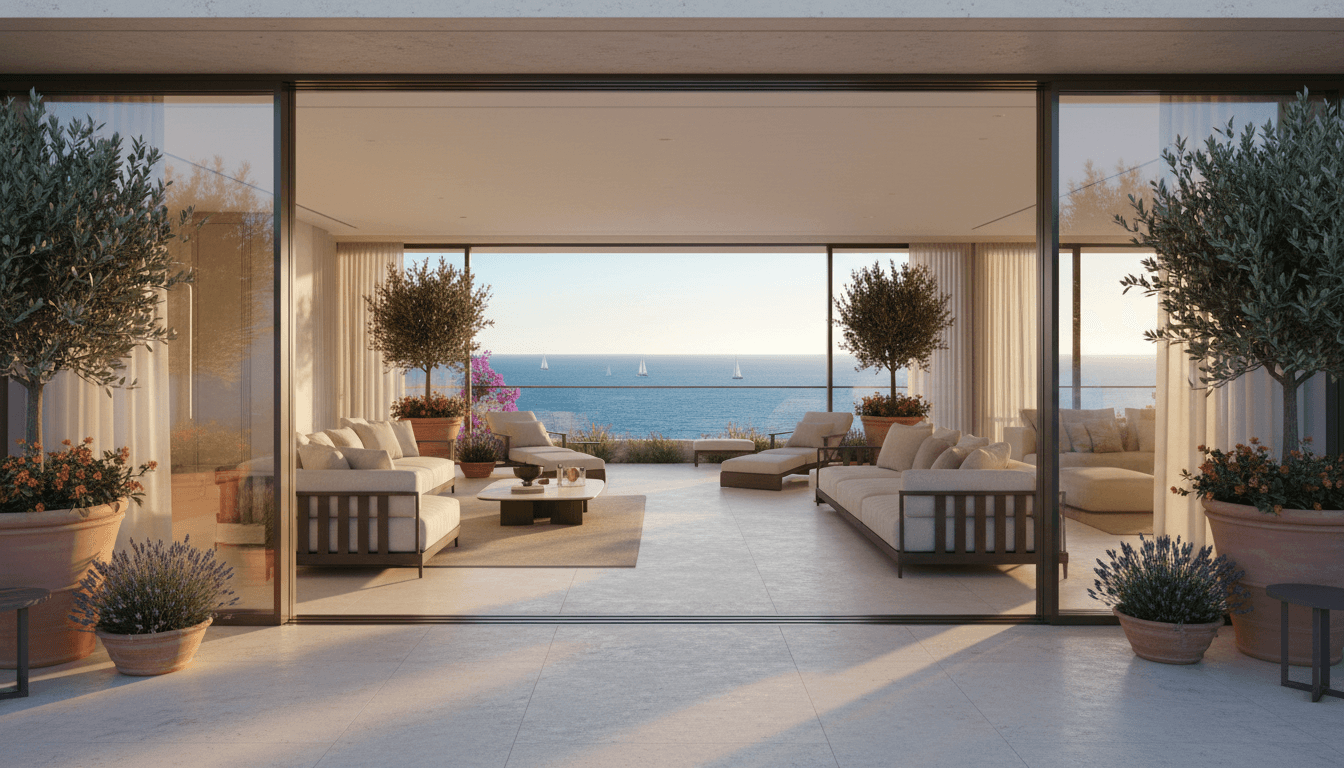 Luxury residential building exterior with mixed-use retail at street level