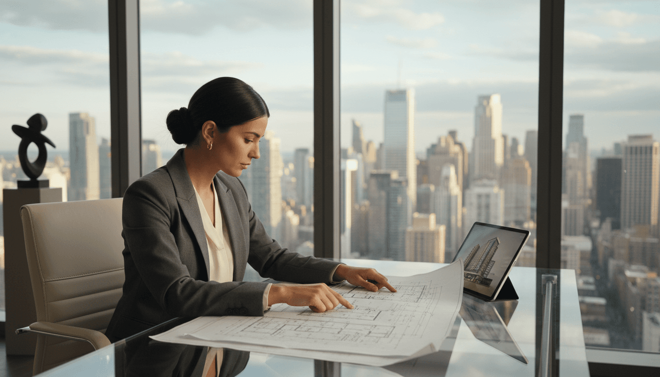 Real estate developer reviewing project blueprints in modern office with city view