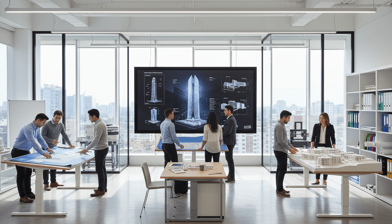 Zephyr Legacy development team reviewing architectural plans and project designs in modern office setting