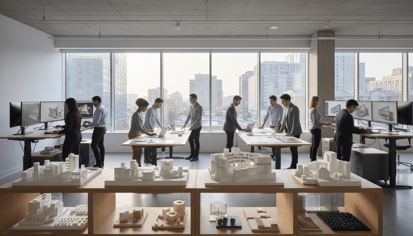 Modern office workspace with development plans and architectural models