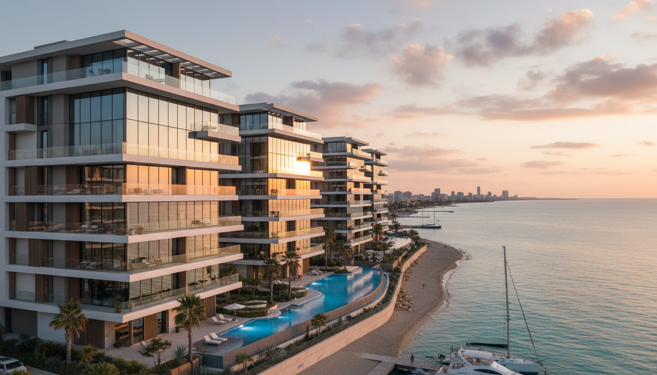 Waterfront residential development along the Limassol coastline at dusk