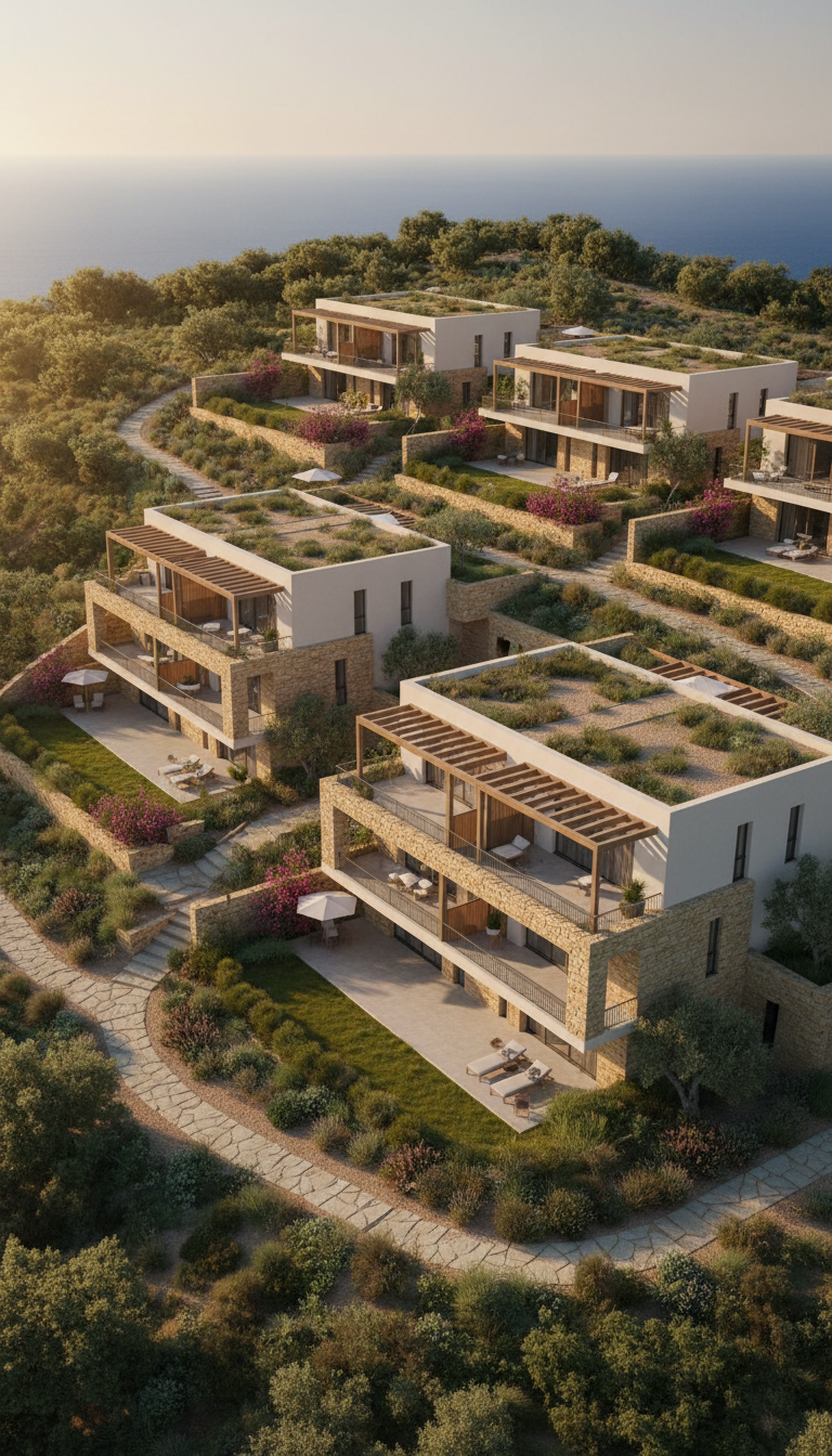 Aerial view of terraced coastal residences descending toward the Mediterranean