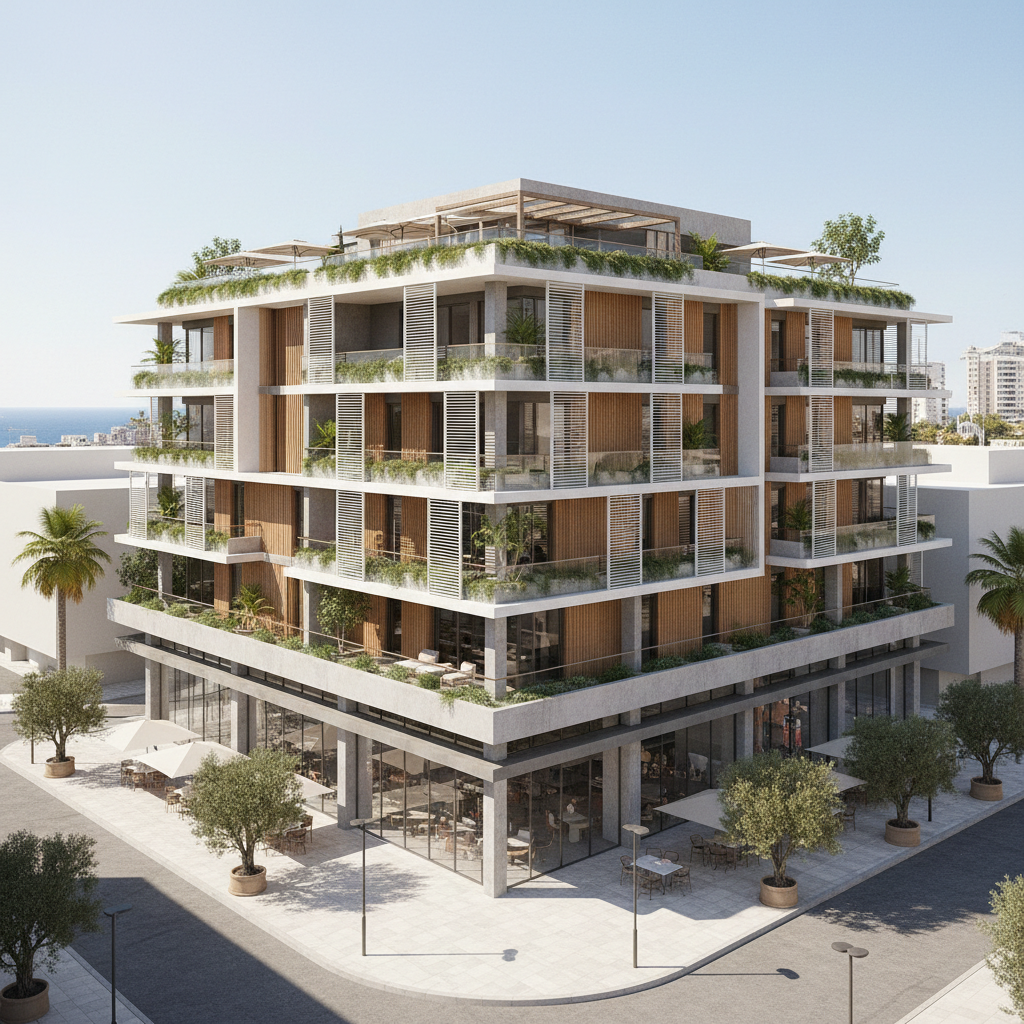 Corner residential building with planted terraces in an urban Mediterranean setting