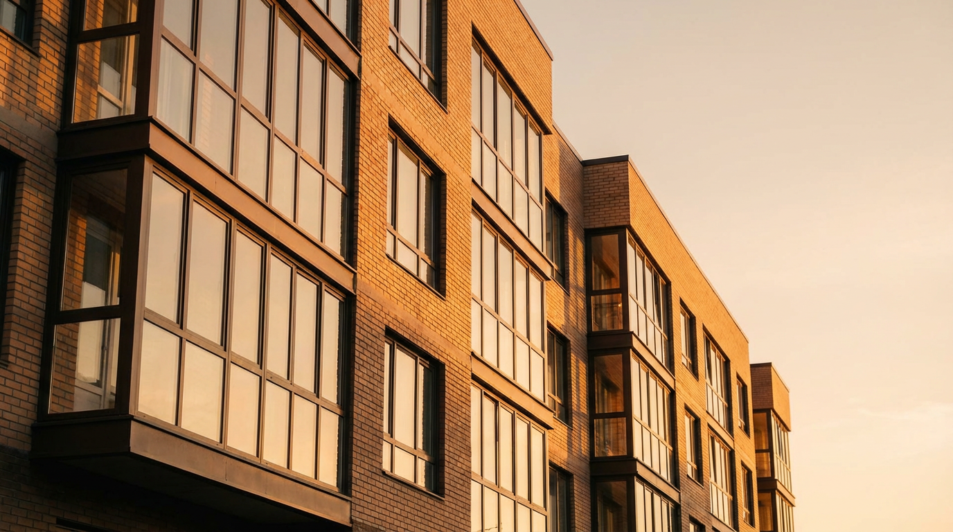 Warm-toned mid-rise residential building facade catching evening light