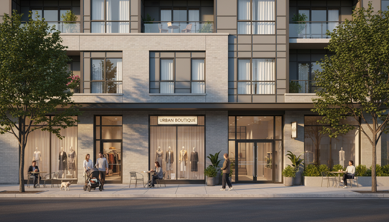 Illuminated residential building entrance in the evening with landscaped frontage