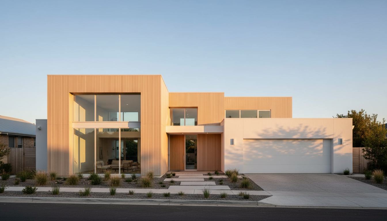 Modern low villa with clean geometry set among Mediterranean landscaping